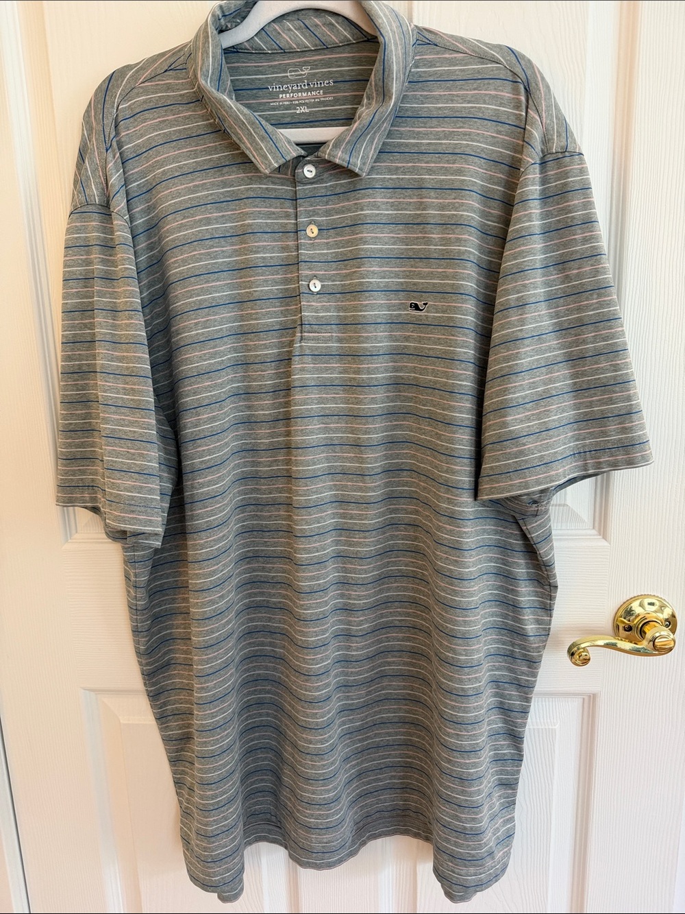 Vineyard Vines Gray Performance Polo with Blue, Pink and White Stripes